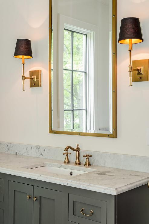 Brass Bathroom Mirror
 White and Gold Bathroom with Brass Rivet Medicine Cabinets