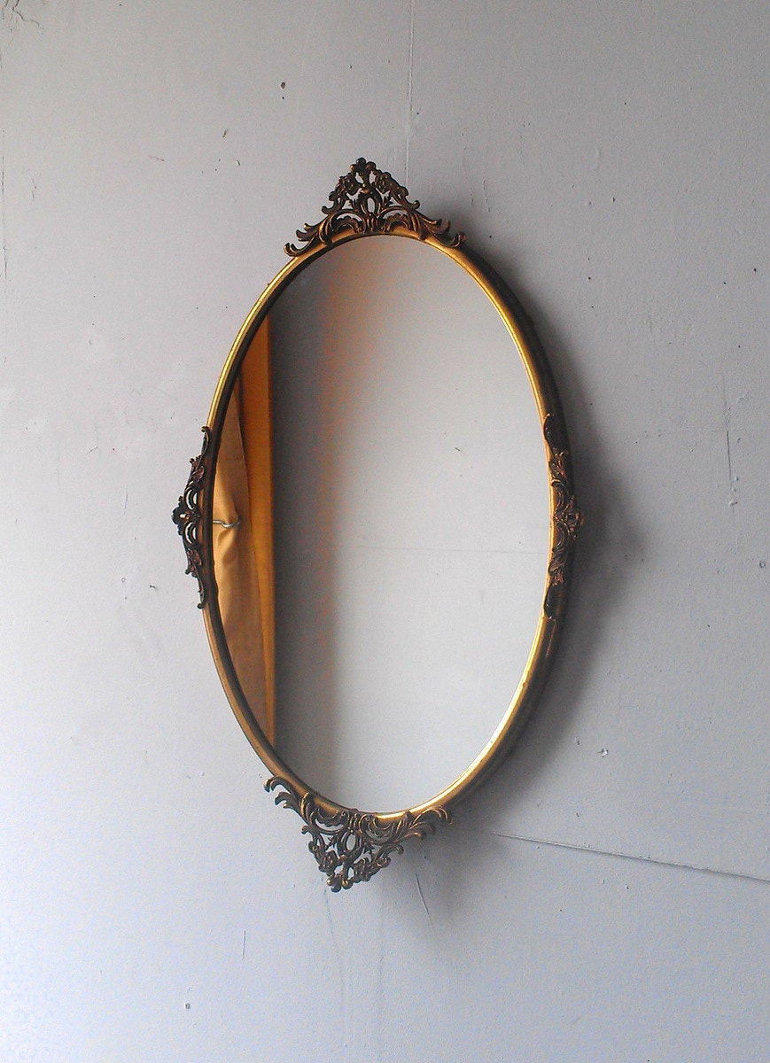 Brass Bathroom Mirror
 Antique Oval Mirror in Ornate Brass Frame 23 by 15