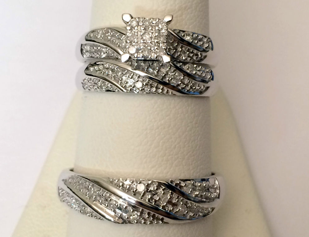 Bridal Diamond Ring Sets
 His Her Mens Woman Diamonds Wedding Ring Bands Trio Bridal
