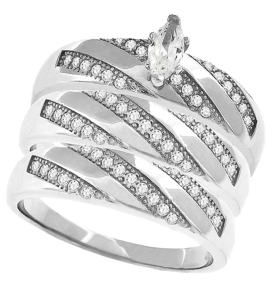 Bride And Groom Wedding Ring Sets
 Sterling Silver MarquisTrio Wedding Ring Set For Bride and