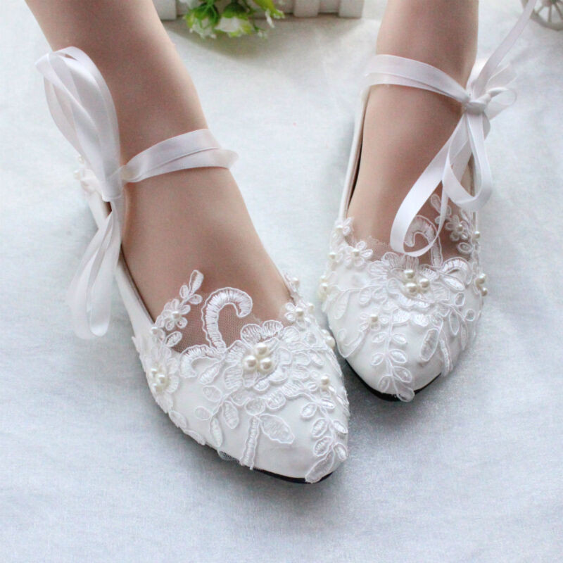 Bride Shoes Wedding
 Women Flats Pearls Lace Mary Jane Princess Wedding White