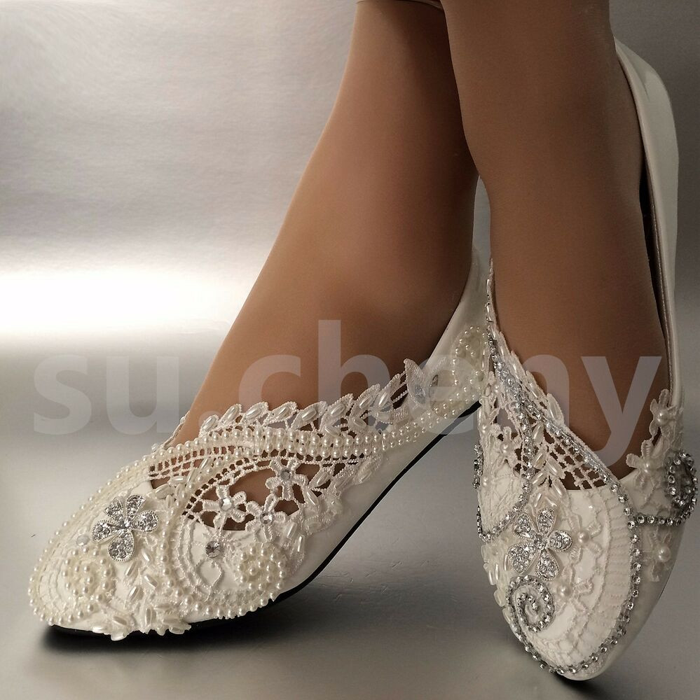 Bride Shoes Wedding
 White ivory pearls lace crystal Wedding shoes flat