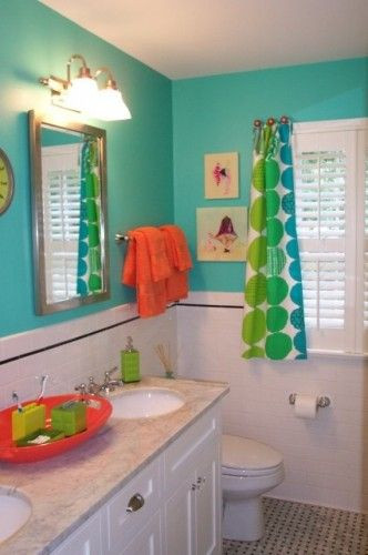 Bright Bathroom Colors
 Great bright turquoise kids bathroom with orange accents