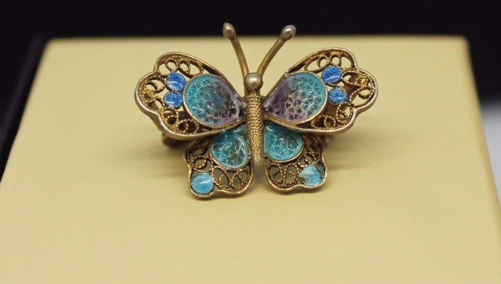 Brooch Pins
 800 Silver Gold Toned Antique Enameled Filigree Butterfly