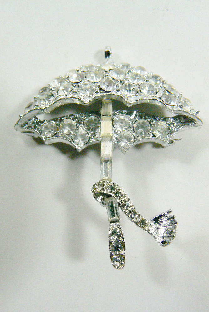 Brooch Pins
 Vintage Silver Tone Clear Crystal Umbrella Fashion Pin