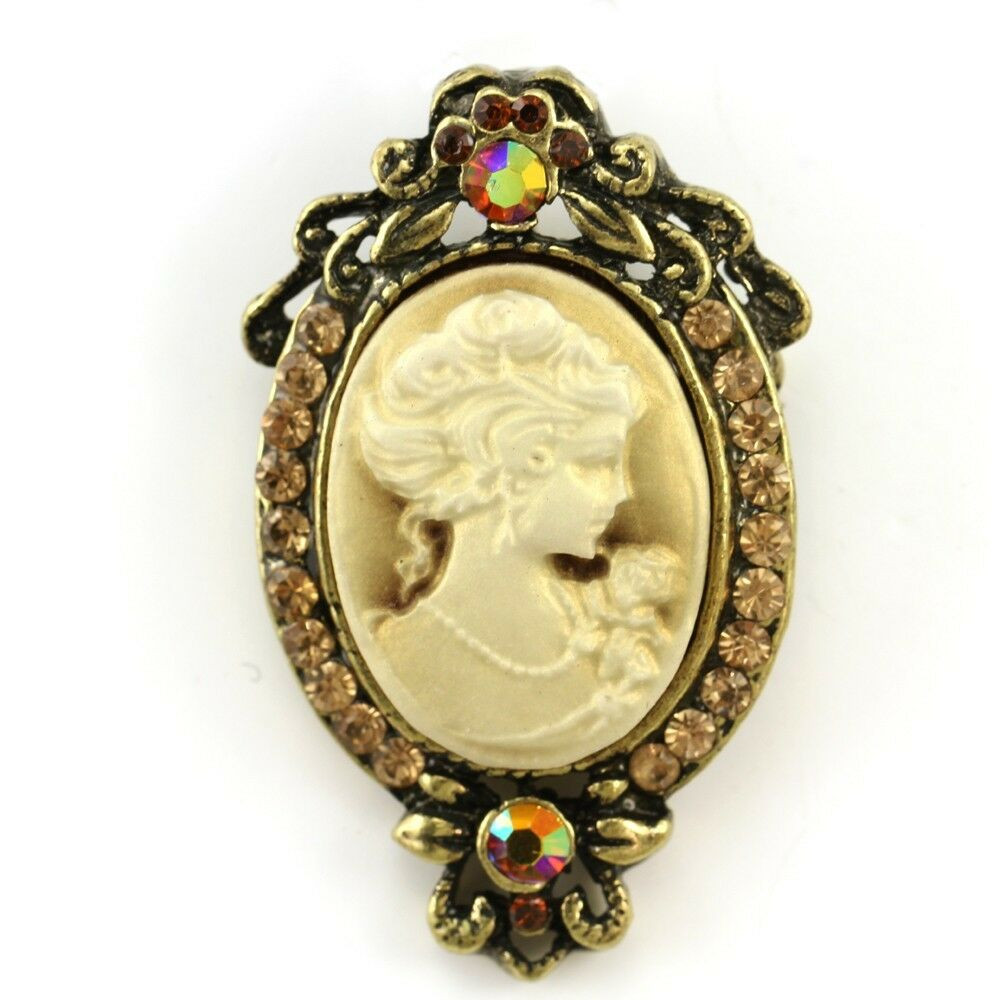 Brooches Antique
 Brown Stone Vintage ST Antique Brass CAMEO Pendant Brooch