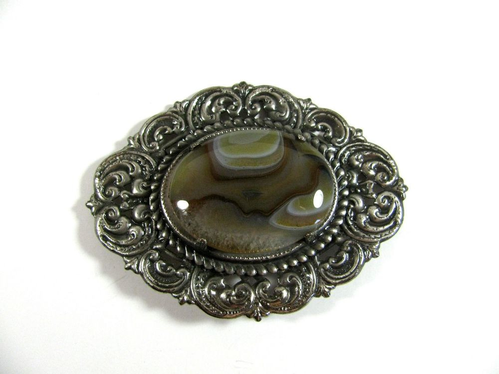 Brooches Antique
 Vintage Antique VICTORIAN STAMPED Metal SILVER AGATE