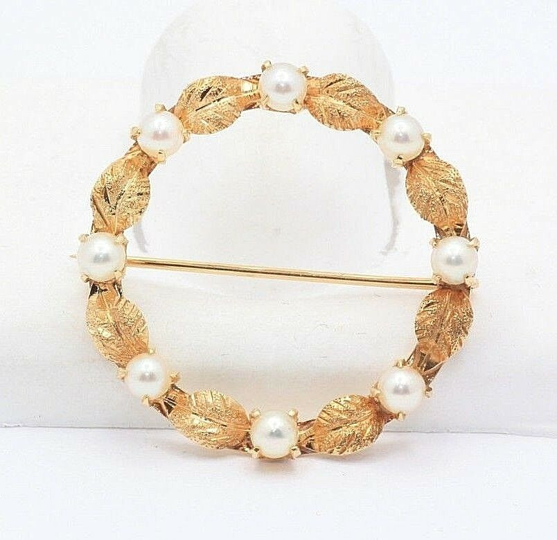 Brooches Circle
 Vintage 14k Gold Pearl Leaf Circle Pin Brooch