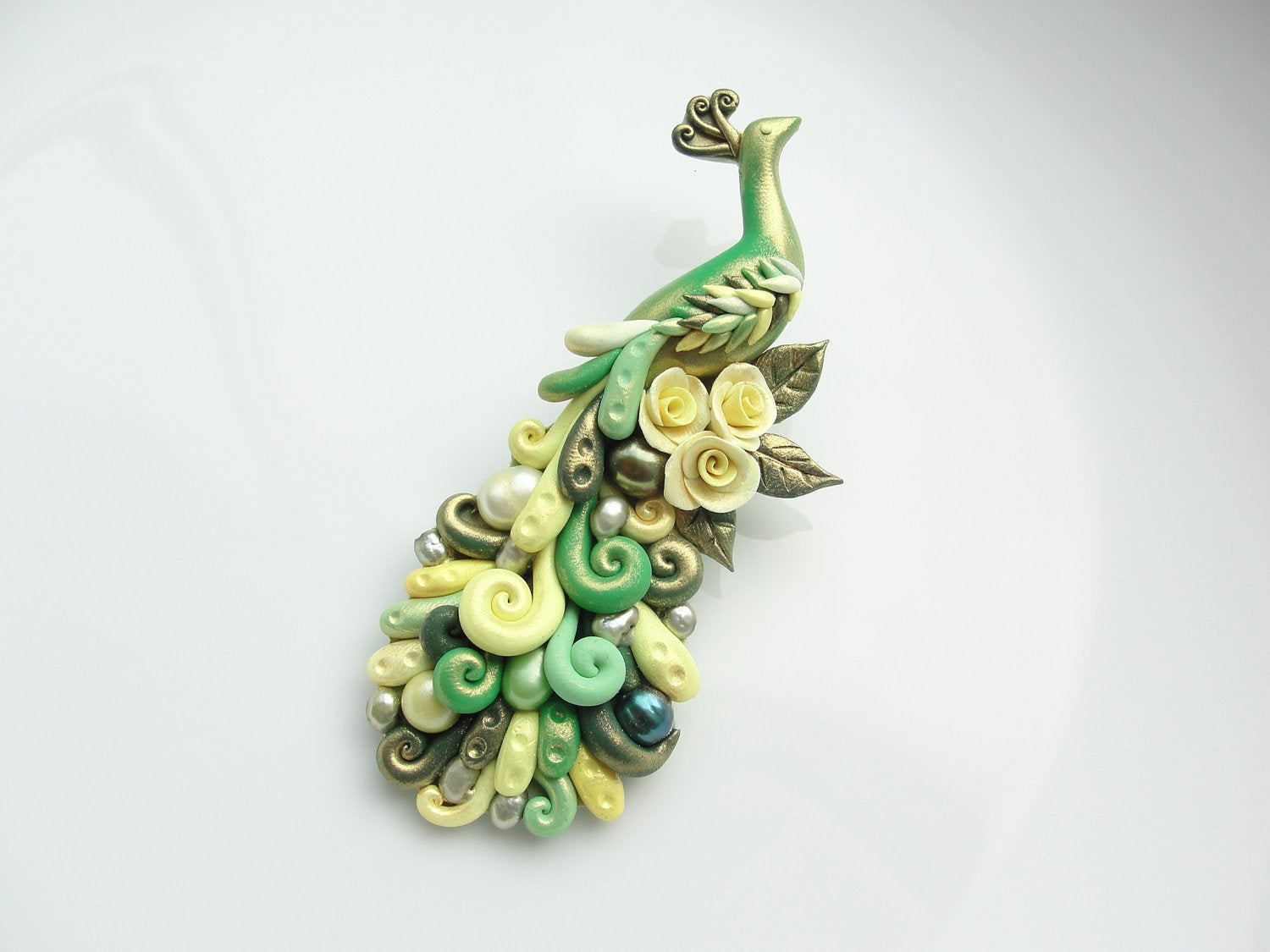 Brooches Clay
 Polymer clay peacock brooch pin handmade in green and yellow