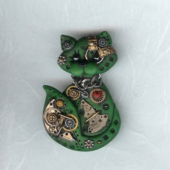 Brooches Clay
 Steampunk Green Kitty Cat Pin Brooch Polymer Clay by