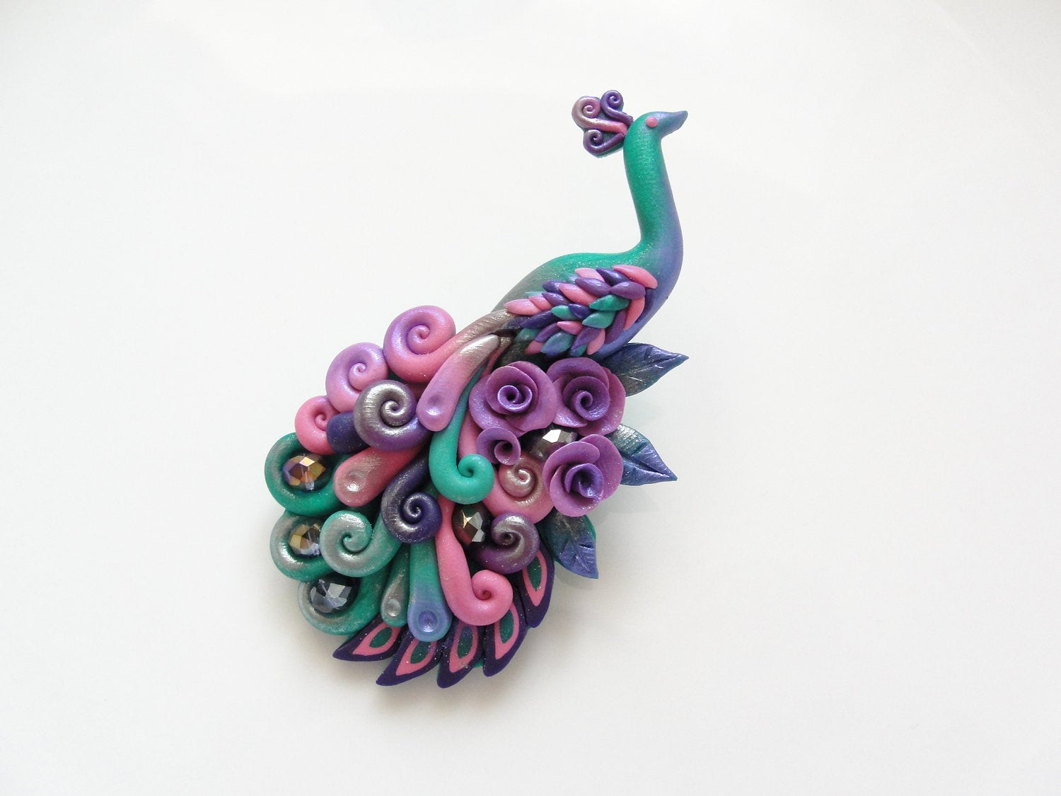 Brooches Clay
 Polymer clay peacock brooch pin handmade in turquoise purple