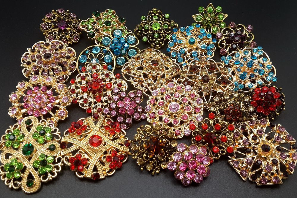 Brooches Diy
 Lot 24 pc Mixed Vintage Style Golden Rhinestone Crystal