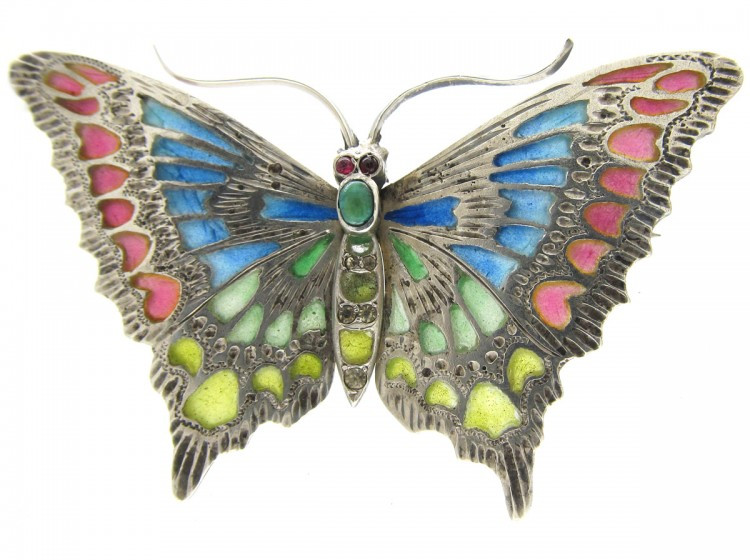 Brooches Drawing
 Art Nouveau Plique à Jour Silver Butterfly Brooch The