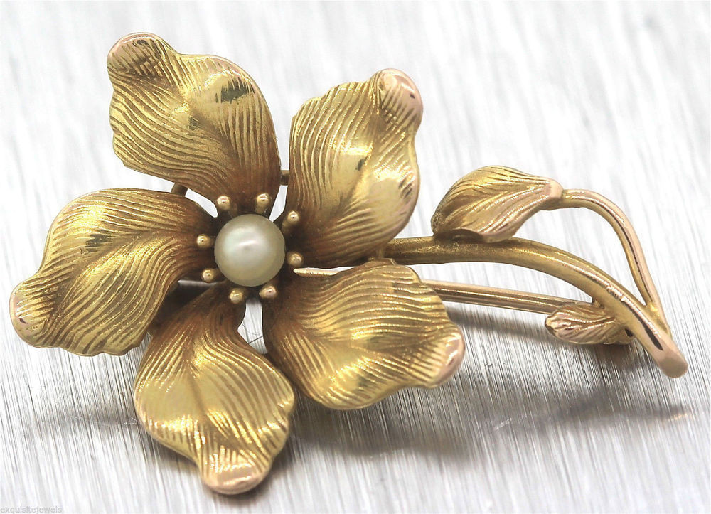Brooches Flower
 Elegant La s Antique 14K Yellow Gold Pearl Flower Floral