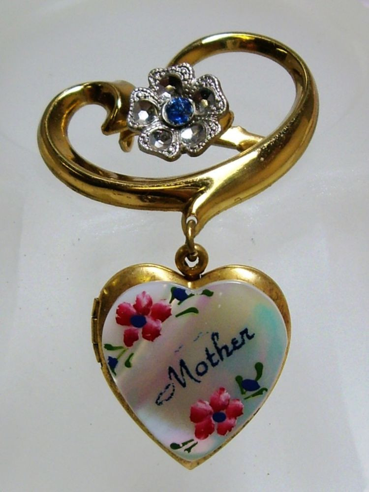 Brooches Heart
 Vintage Rhinestone Mother of Pearl Heart Shape Dangle