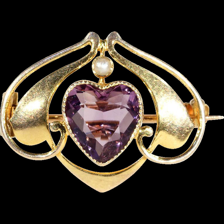 Brooches Heart
 Antique Heart Shaped Amethyst and Pearl Murrle Bennett