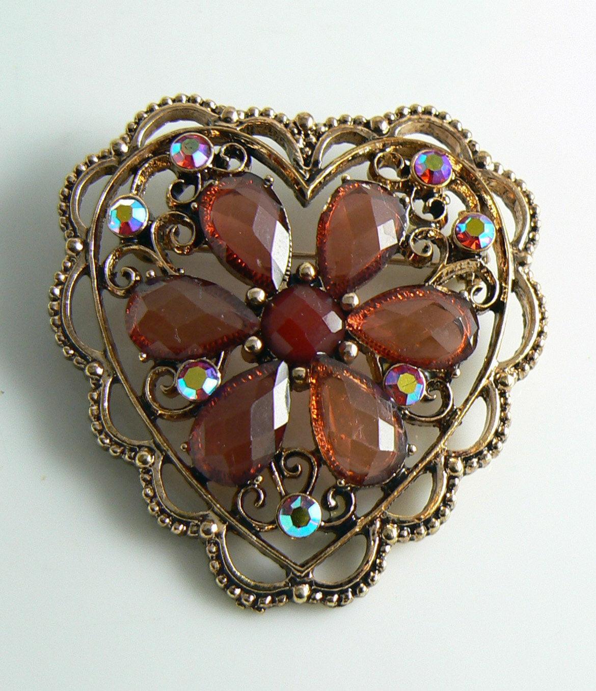 Brooches Heart
 Copper and Pink Red Rhinestone Heart Brooch Unique vintage