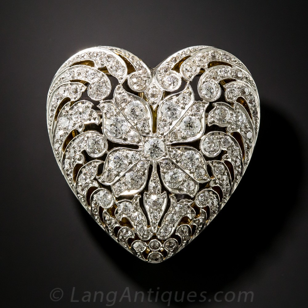 Brooches Heart
 Edwardian Platinum and Diamond Heart Brooch Antique