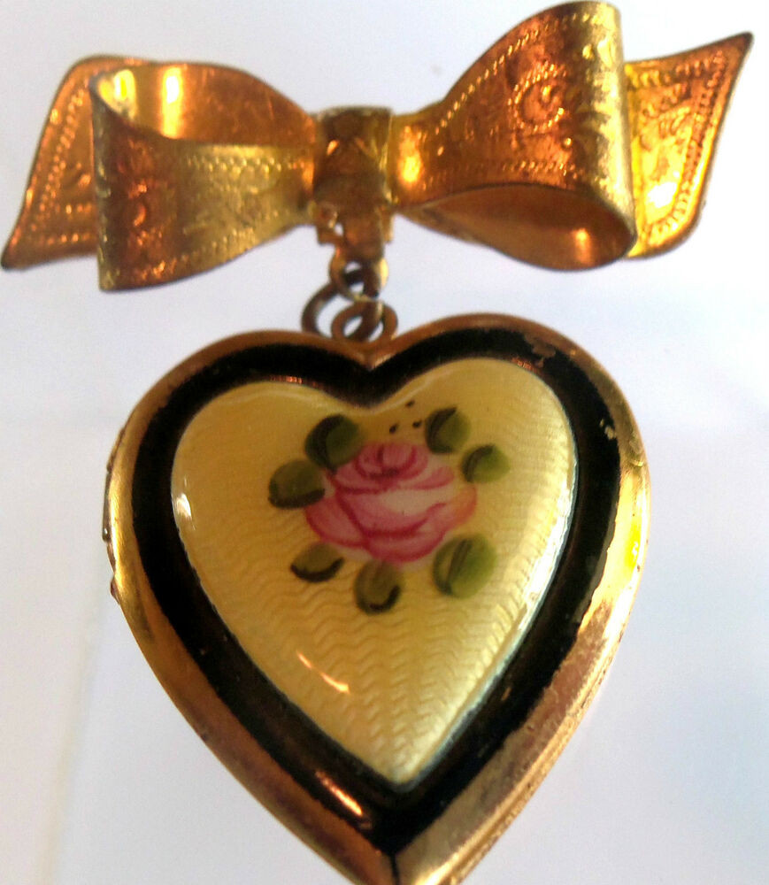 Brooches Heart
 CORO GUILLOCHE HEART MOURNING LOCKET BOW BROOCH PIN