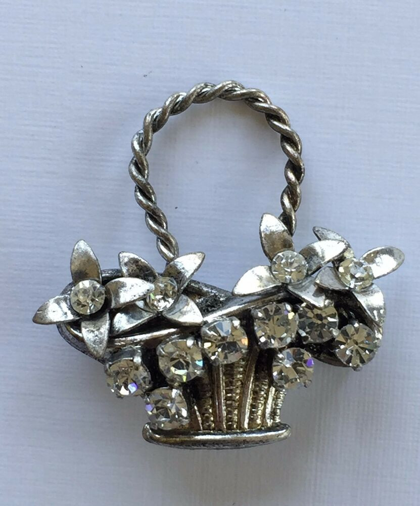 Brooches Jewelry
 Vintage Brooch 1940 s Diamante Flower Metal Basket