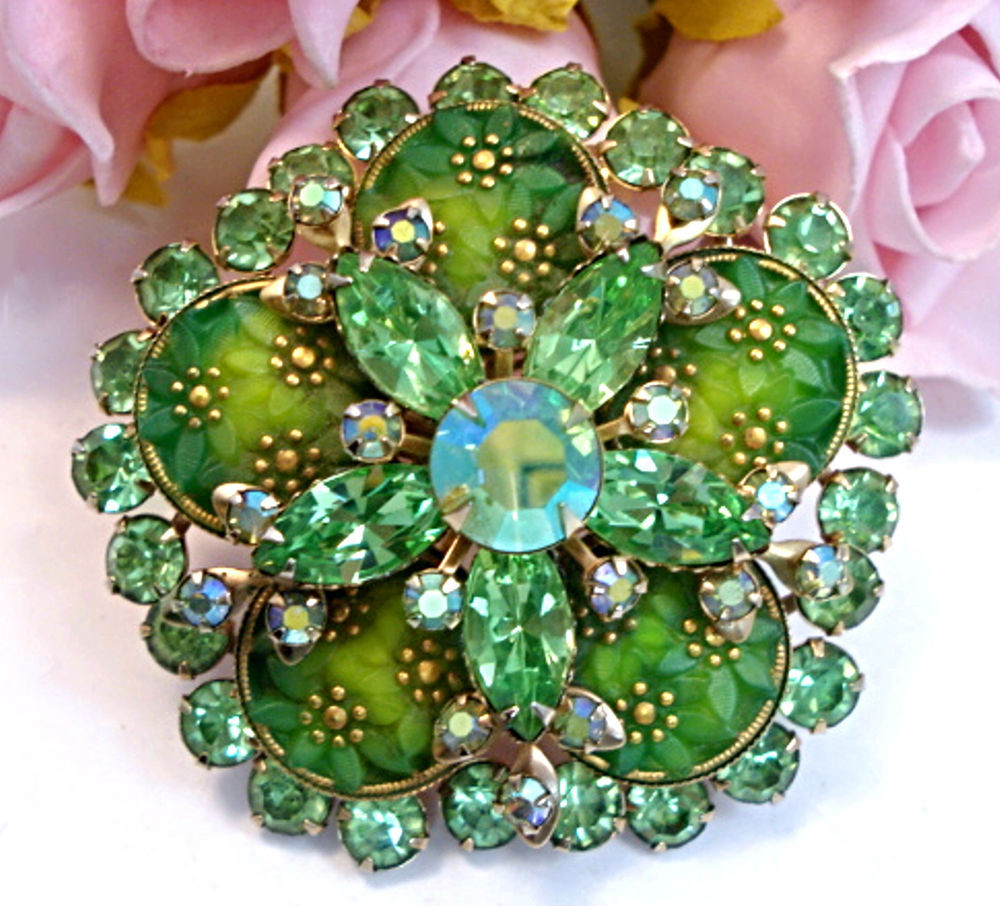 Brooches Jewelry
 Vintage Costume Jewelry Carved Glass Green Juliana Style