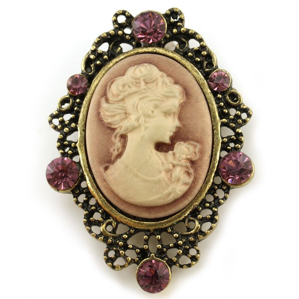 Brooches Necklace
 Bronze Brass Gold Tone Plum Purple Cameo Brooch Pin