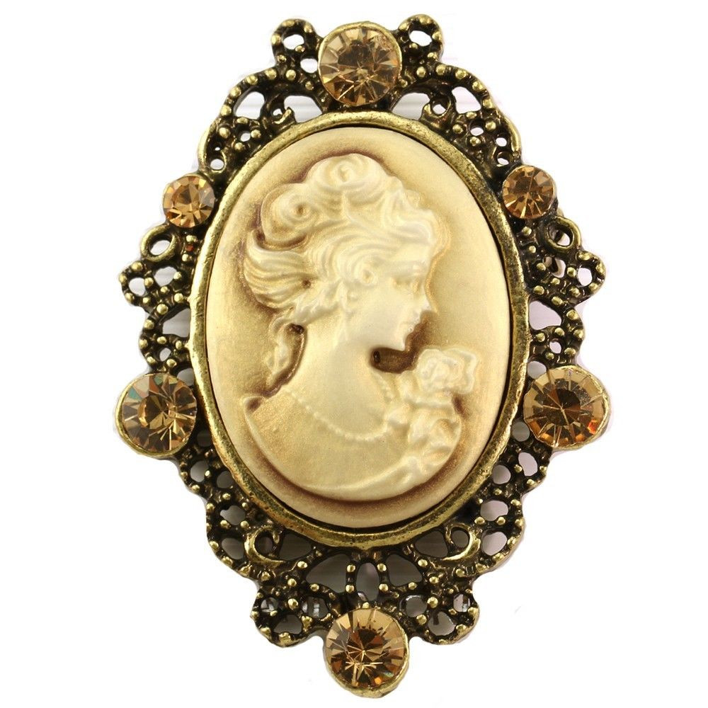 Brooches Necklace
 Brown Topaz Antique VTG Brass CAMEO Brooch Pin Pendant