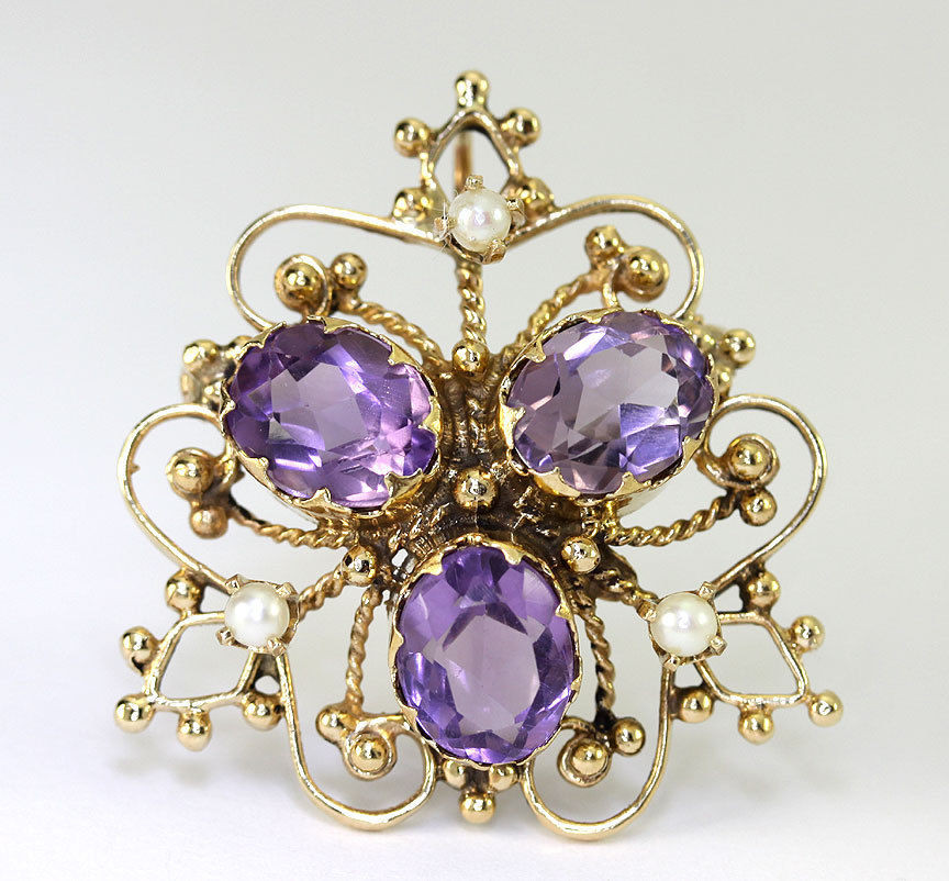Brooches Necklace
 Vintage amethyst pearl pin brooch pendant 14K yellow gold