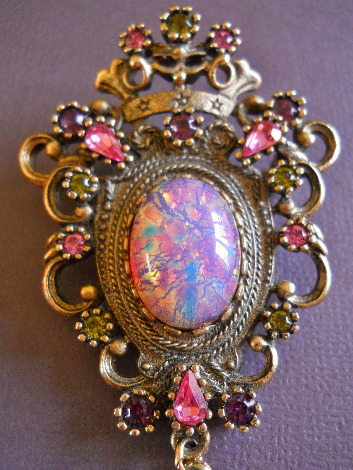 Brooches Necklace
 Vintage Sarah Coventry Brooch Pendant Fire Opal Rhinestones