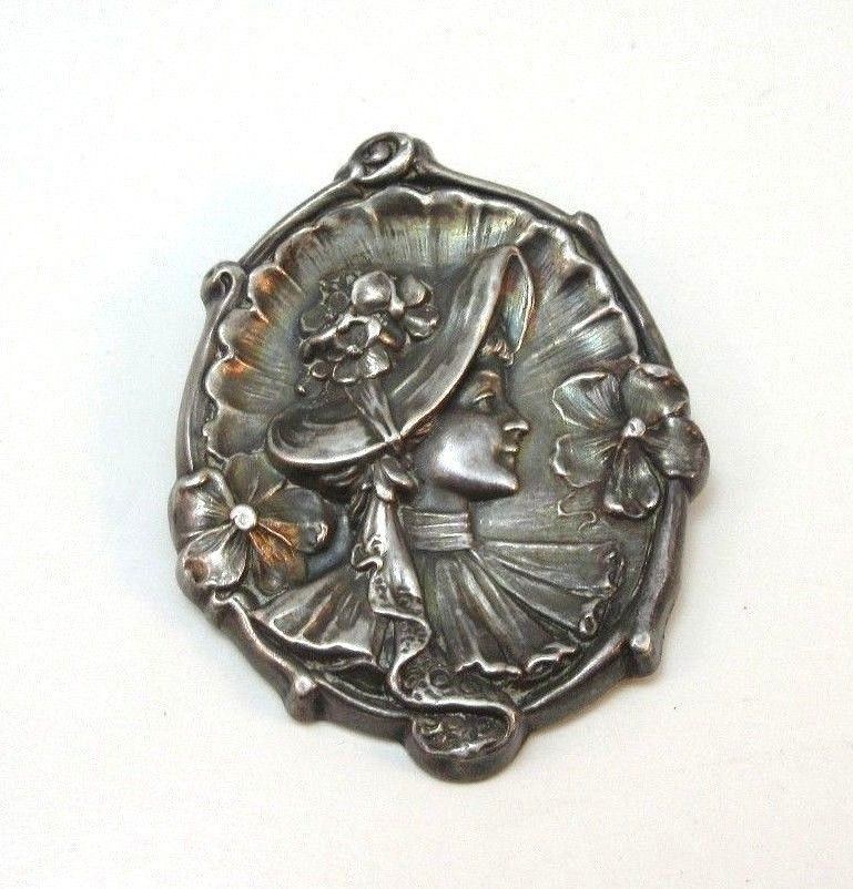 Brooches Silver
 RARE STERLING SILVER ART NOUVEAU PIN REPOUSSE VICTORIAN