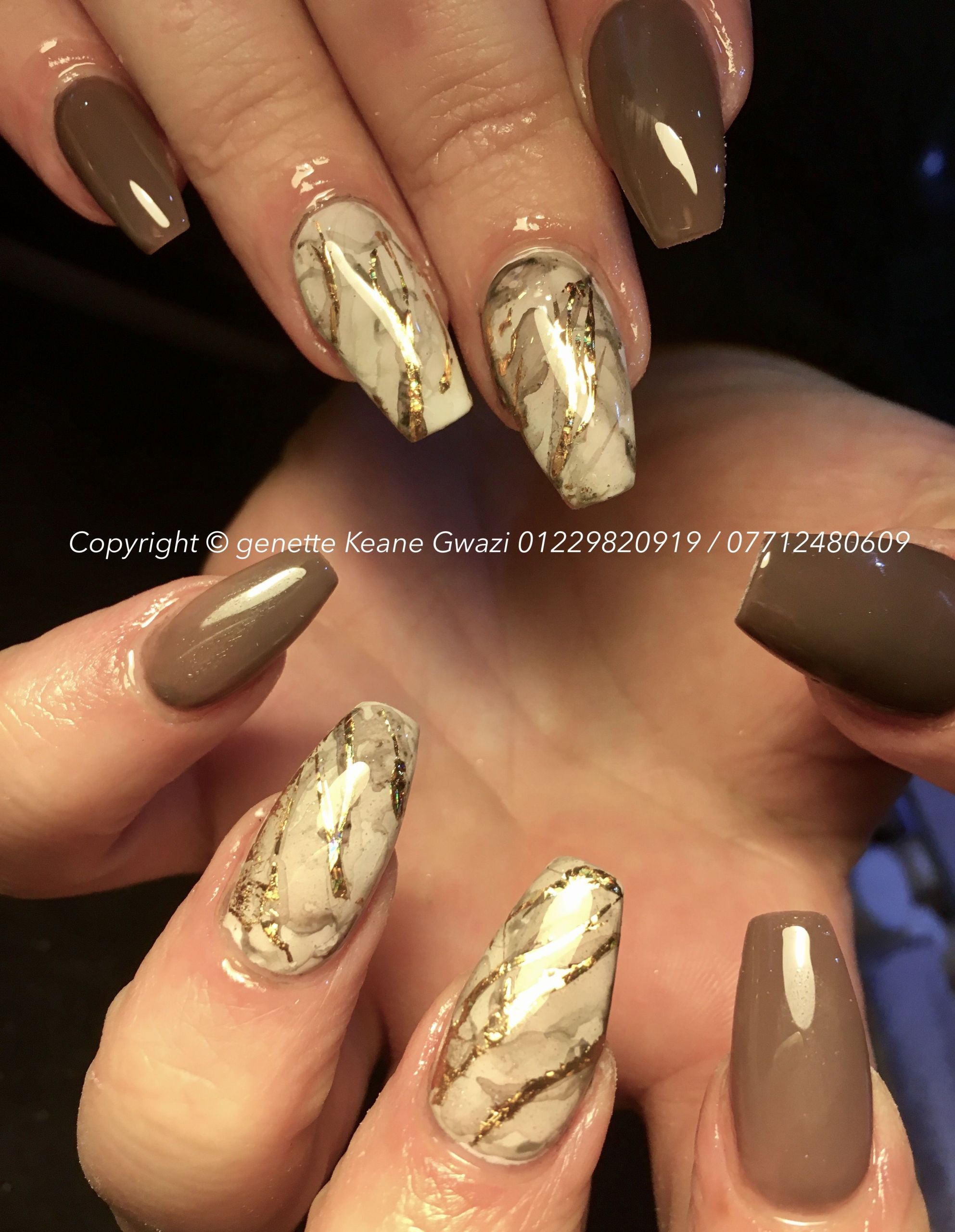 Brown And Gold Nail Designs
 Brown acrylic nails & marble gold leaf nail art