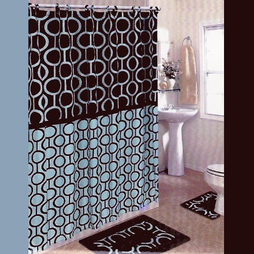 Brown Bathroom Shower Curtains
 BROWN and BLUE 15 Piece Bathroom Set 2 Rugs Mats 1