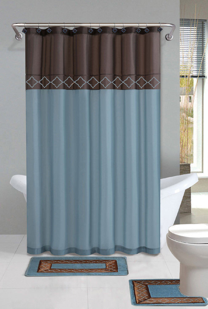 Brown Bathroom Shower Curtains
 Brown Blue Modern Shower Curtain 15 Pcs Bath Rug Mat