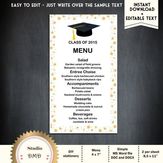 Brunch Menu Ideas For Graduation Party
 Printable Menu Card Template Graduation Dinner Menu