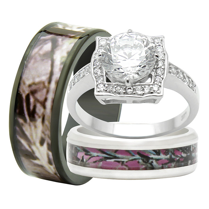 Camo Diamond Wedding Rings
 His and Hers 3PCS Titanium Camo 925 Sterling Silver