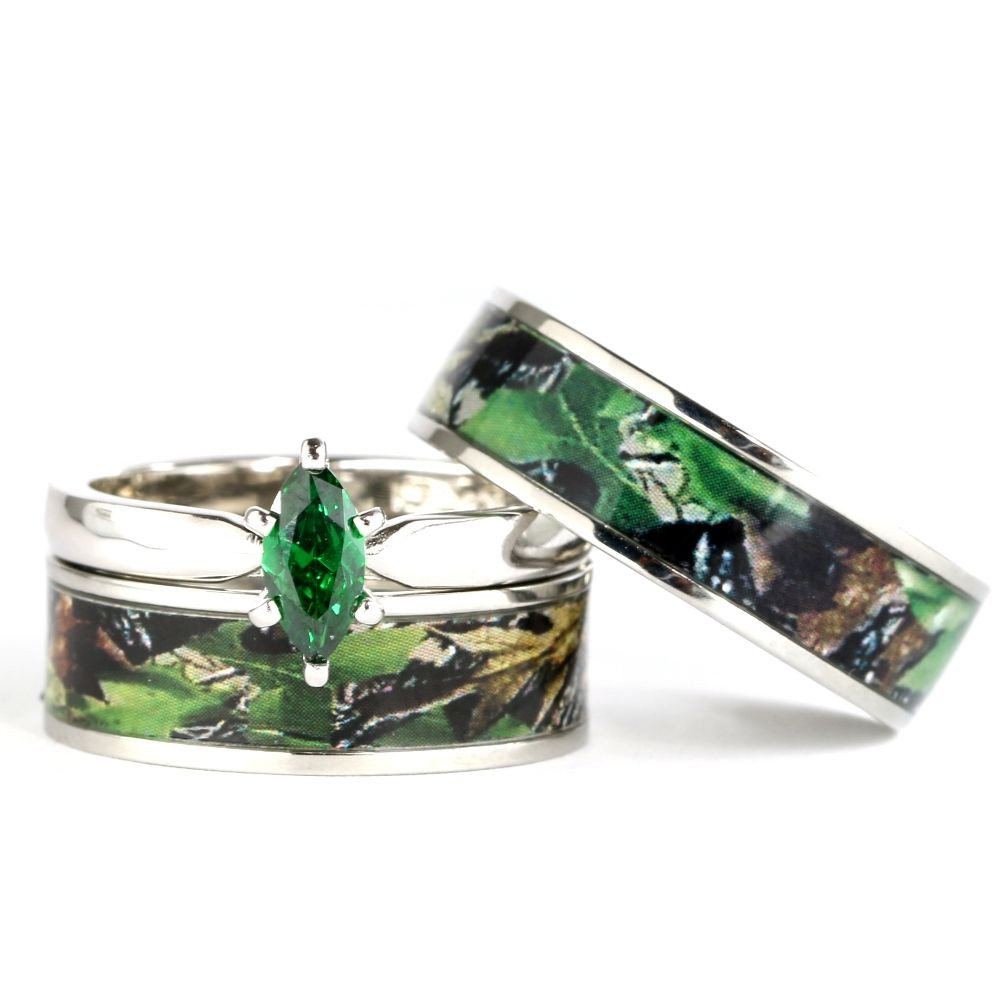 Camo Wedding Ring Sets His And Hers
 His & Hers Camo Green Marquis Stainless Steel & Sterling