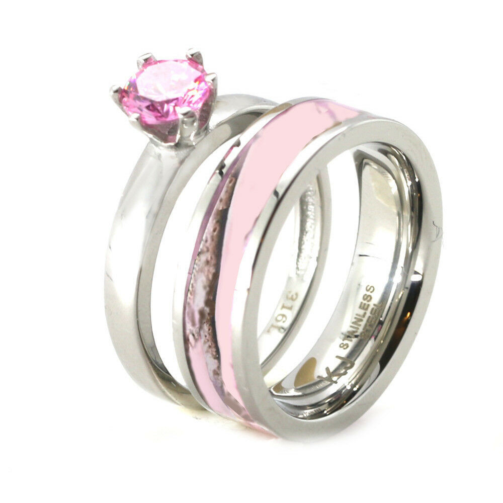 Camo Wedding Rings For Women
 Womens Pink Camo Engagement Wedding Ring Set Stainless