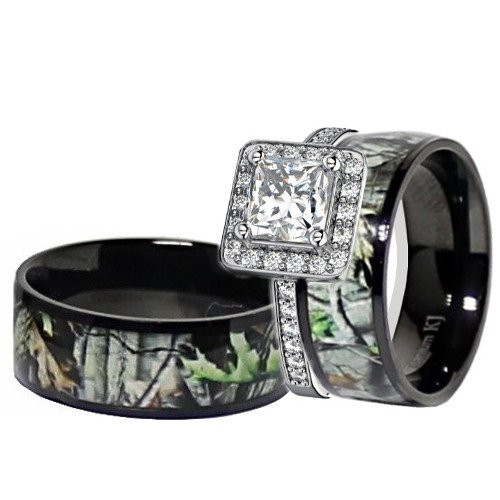Camo Wedding Rings For Women
 Black Titanium Camo Sterling Silver Halo Engagement