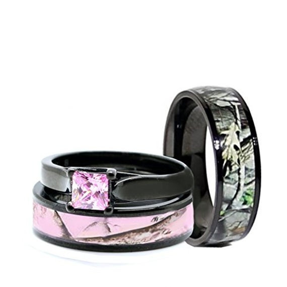 Camo Wedding Rings His And Hers
 His and Hers Camo Wedding Rings Set Black Plated Titanium and
