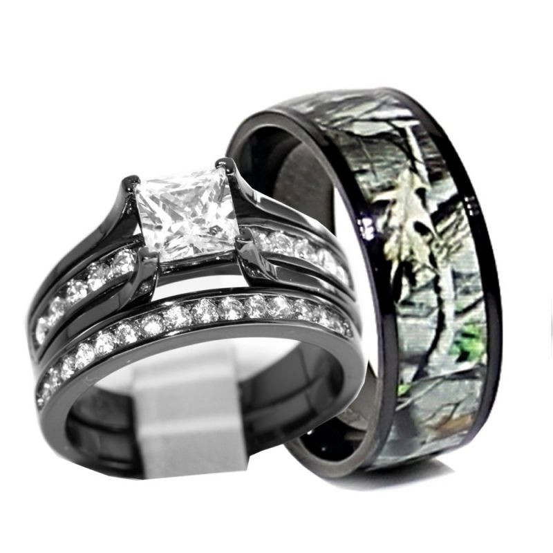 Camo Wedding Rings His And Hers
 His and Hers 925 Sterling Silver Titanium Camo Wedding