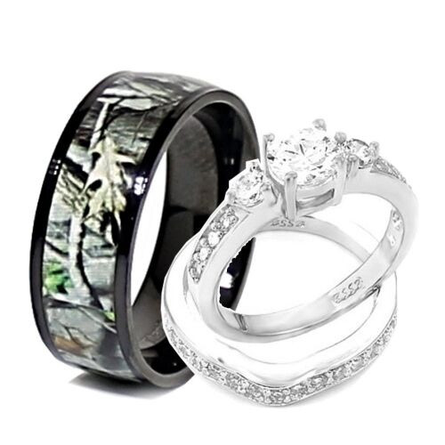 Camo Wedding Rings His And Hers
 His and Hers 3pcs Titanium Camo 925 STERLING SILVER