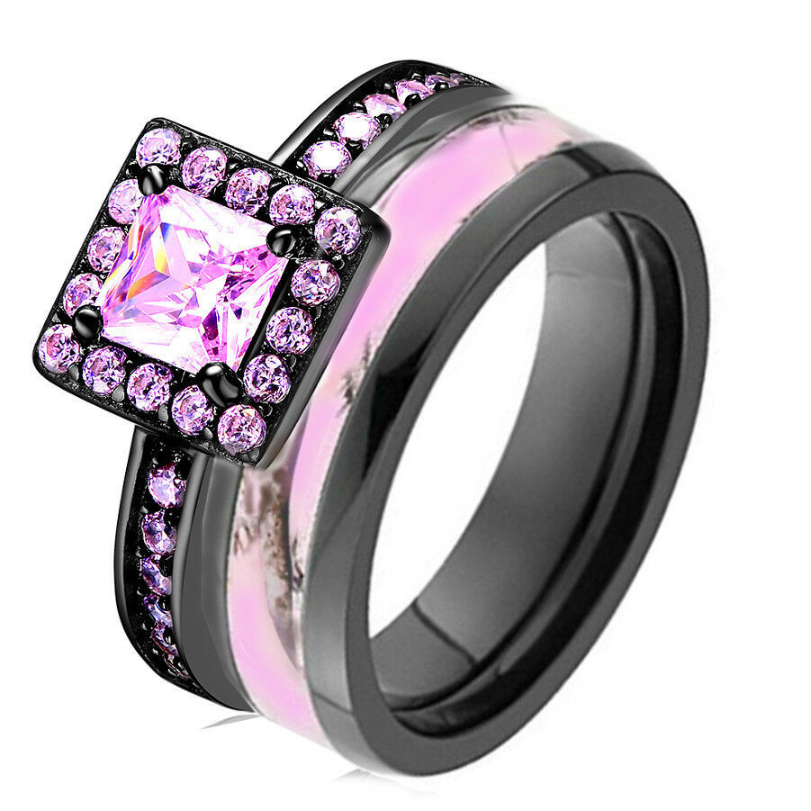Camouflage Wedding Ring Sets
 Pink Camo Black 925 Sterling Silver & Titanium Engagement
