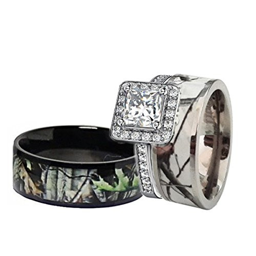 Camouflage Wedding Ring Sets
 His & Hers Black & White Titanium Camo Sterling Silver