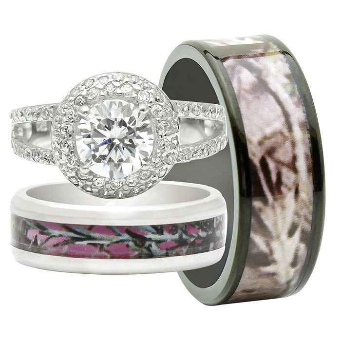 Camouflage Wedding Ring Sets
 His and Hers 3PCS Titanium Camo 925 Sterling Silver