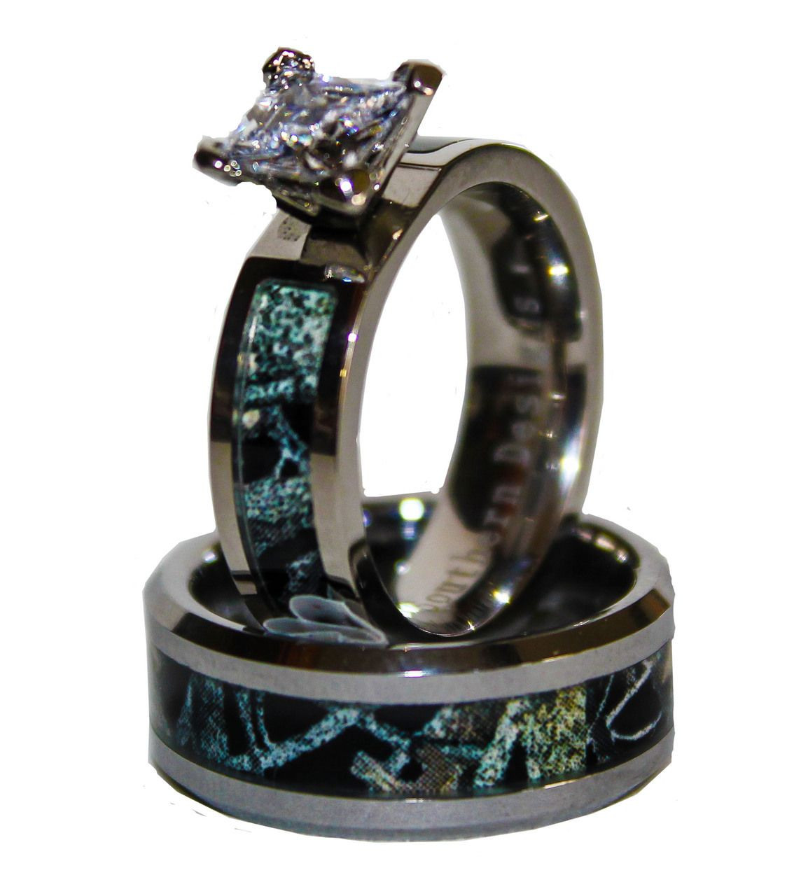 Camouflage Wedding Ring Sets
 Black Camo on Silver Band Couples Ring Set With Stone