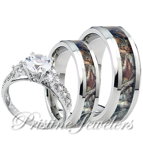 Camouflage Wedding Ring Sets
 Womens 925 Sterling Silver Ring Mens Titanium Mossy Forest