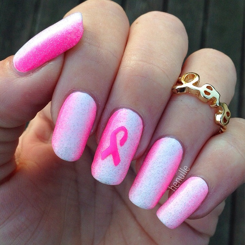 Cancer Awareness Nail Designs
 Pink breast cancer awareness nails nail art by Henulle