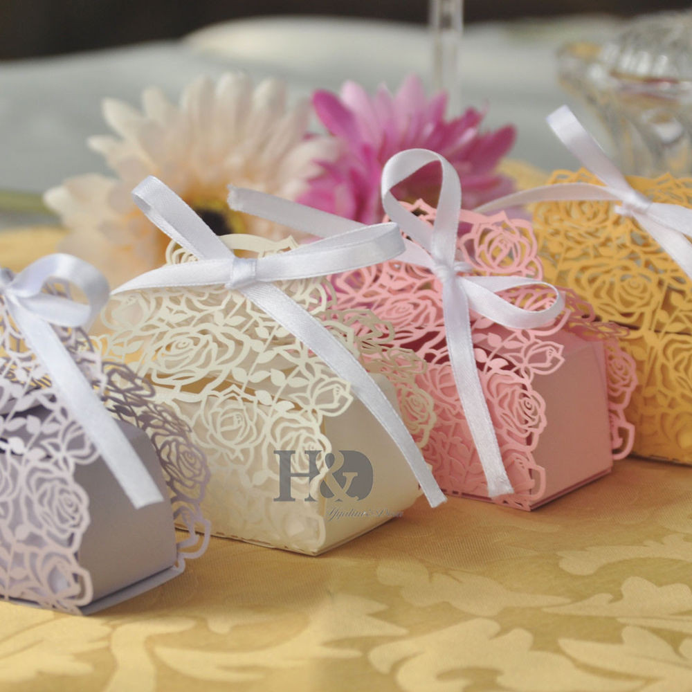 Candy Wedding Favors
 Rose Laser Cut Cake Candy Gift Boxes with Ribbon Wedding