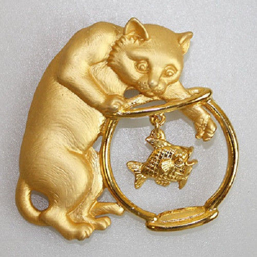 Cat Pins
 JJ VINTAGE CAT IN A FISHBOWL ARTICULATED SIGNED BROOCH