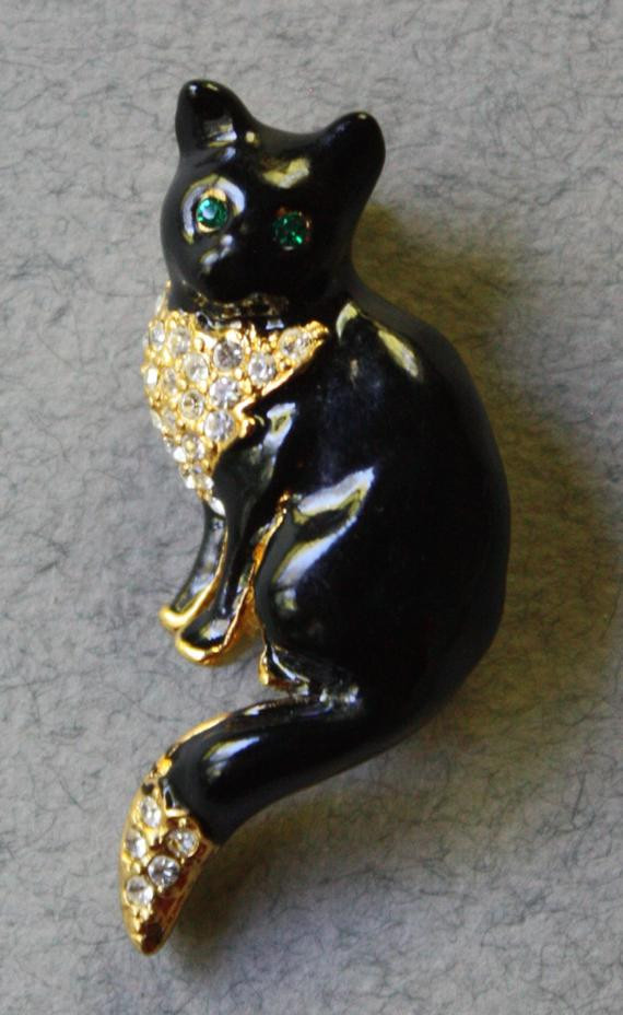 Cat Pins
 Vintage Black Enamel Cat Brooch with Clear Rhinestones and